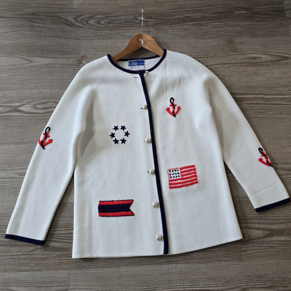 White Cardigan with Nautical Embroidery Le Roy Vintage